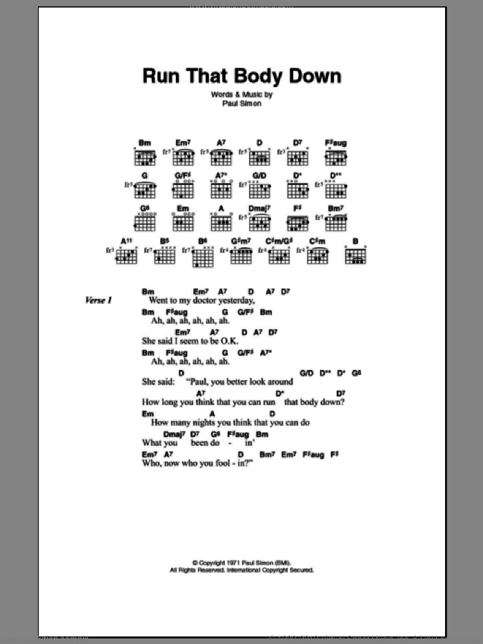 Run That Body Down sheet music for guitar (chords) by Paul Simon, intermediate skill level