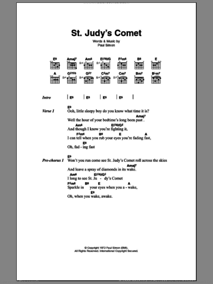 St. Judy's Comet sheet music for guitar (chords) by Paul Simon, intermediate skill level