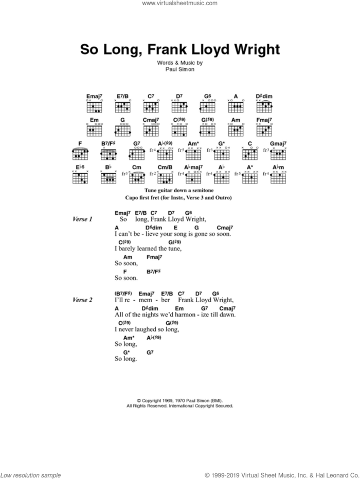 So Long, Frank Lloyd Wright sheet music for guitar (chords) by Simon & Garfunkel and Paul Simon, intermediate skill level