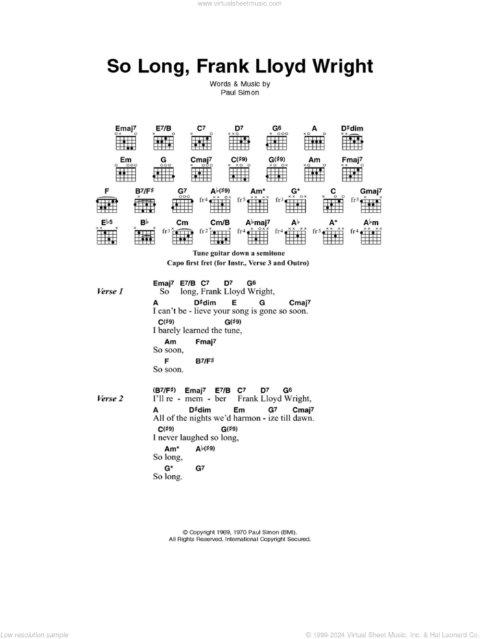 So Long, Frank Lloyd Wright sheet music for guitar (chords) by Simon & Garfunkel and Paul Simon, intermediate skill level