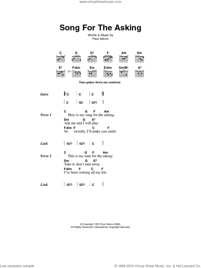 Song For The Asking sheet music for guitar (chords) by Simon & Garfunkel and Paul Simon, intermediate skill level