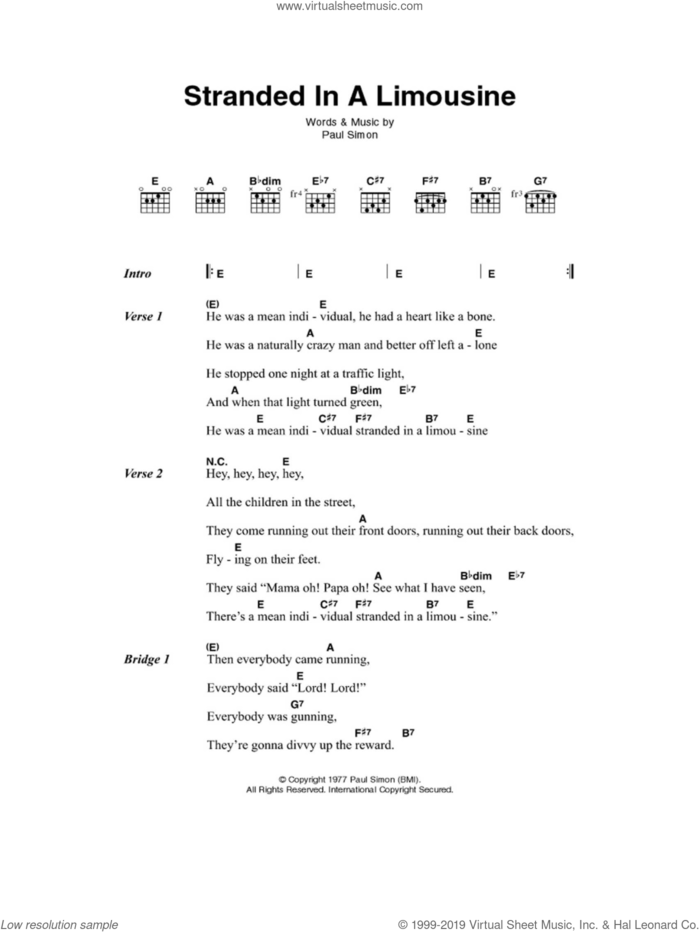 Stranded In A Limousine sheet music for guitar (chords) by Paul Simon, intermediate skill level