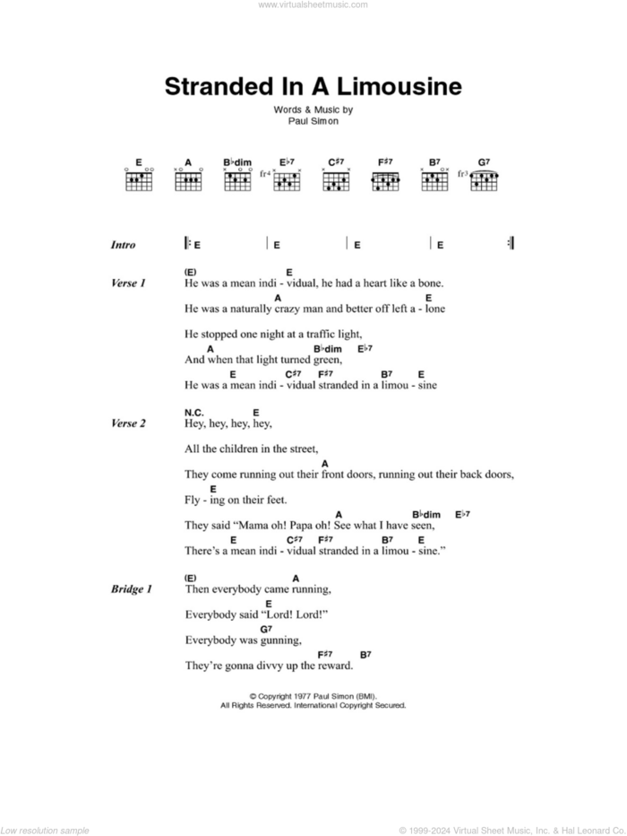 Stranded In A Limousine sheet music for guitar (chords) by Paul Simon, intermediate skill level