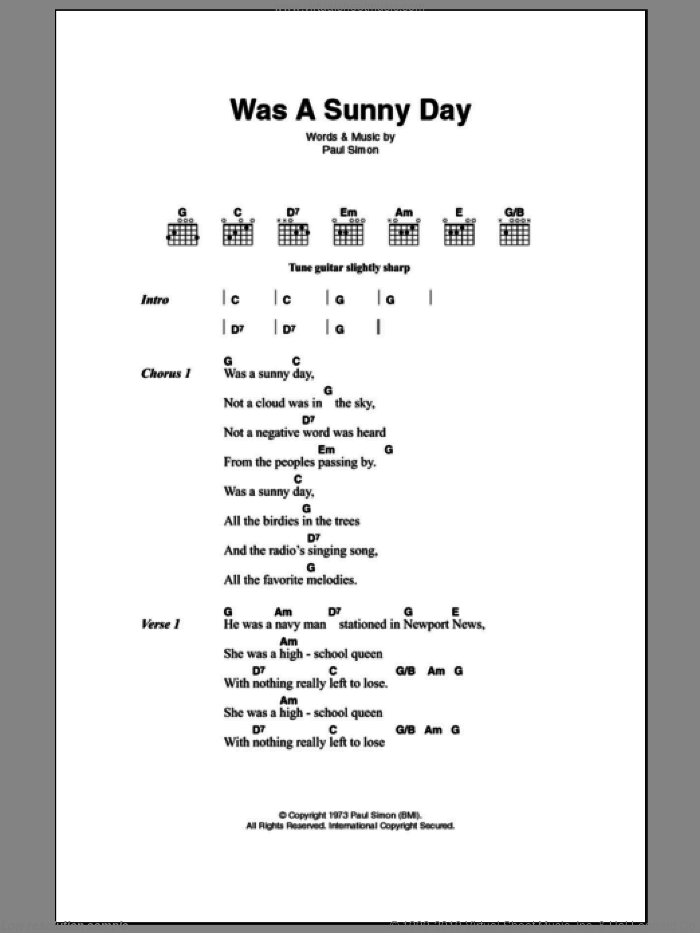 Was A Sunny Day sheet music for guitar (chords) by Paul Simon, intermediate skill level