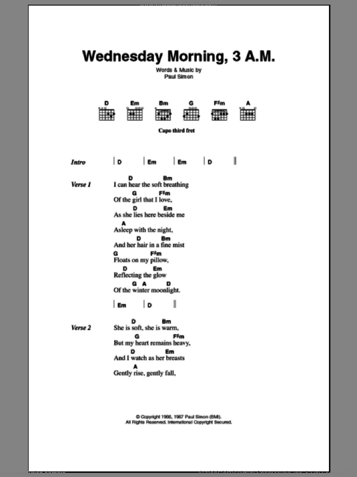 Wednesday Morning, 3 A.M. sheet music for guitar (chords) by Simon & Garfunkel and Paul Simon, intermediate skill level