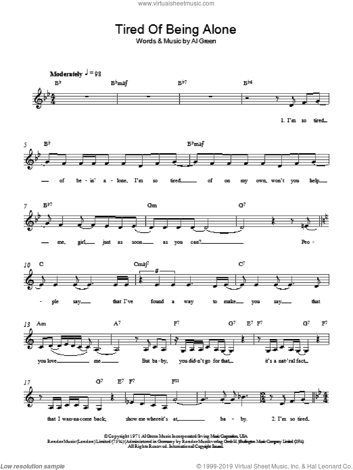 Tired Of Being Alone sheet music for voice and other instruments (fake book) by Al Green, intermediate skill level