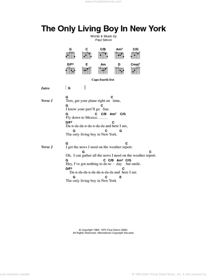 The Only Living Boy In New York sheet music for guitar (chords) by Simon & Garfunkel and Paul Simon, intermediate skill level