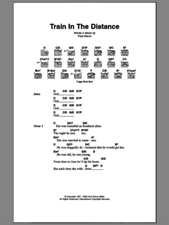 Train In The Distance sheet music for guitar (chords) by Paul Simon, intermediate skill level