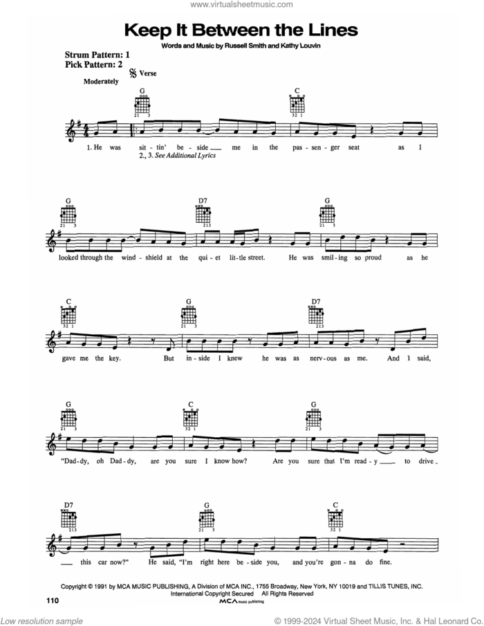 Keep It Between The Lines sheet music for guitar solo (chords) by Ricky Van Shelton, Kathy Louvin and Russell Smith, easy guitar (chords)