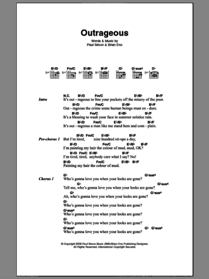 Outrageous sheet music for guitar (chords) by Paul Simon and Brian Eno, intermediate skill level