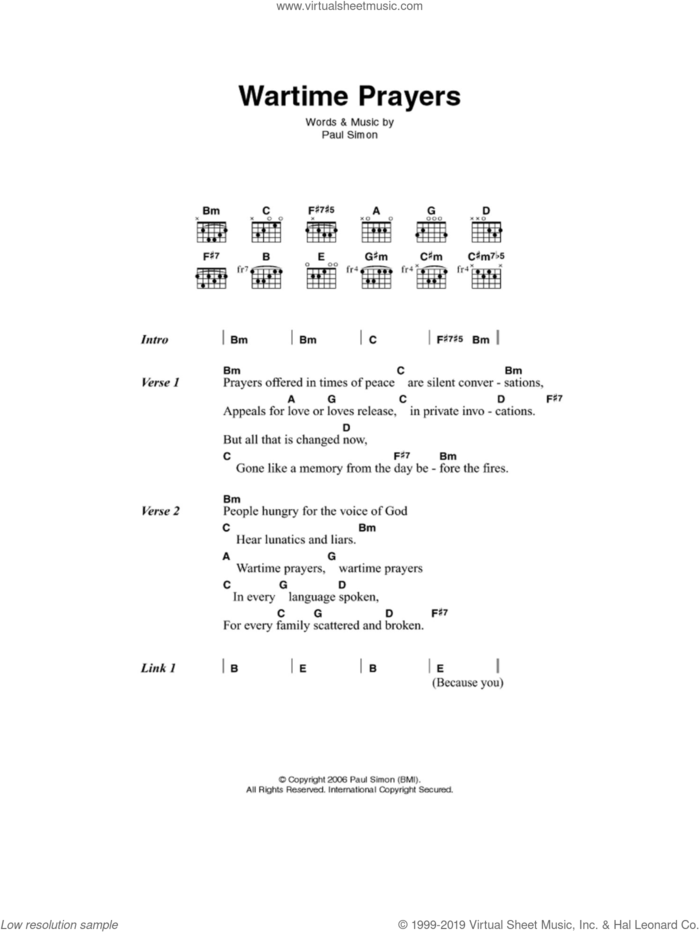 Wartime Prayers sheet music for guitar (chords) by Paul Simon, intermediate skill level