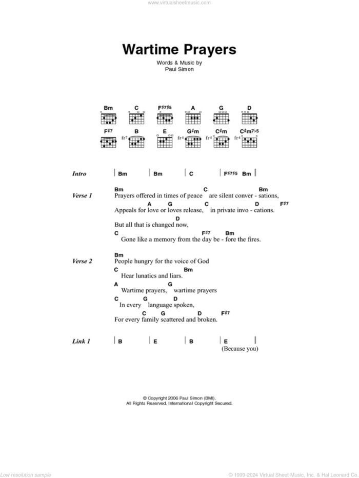 Wartime Prayers sheet music for guitar (chords) by Paul Simon, intermediate skill level