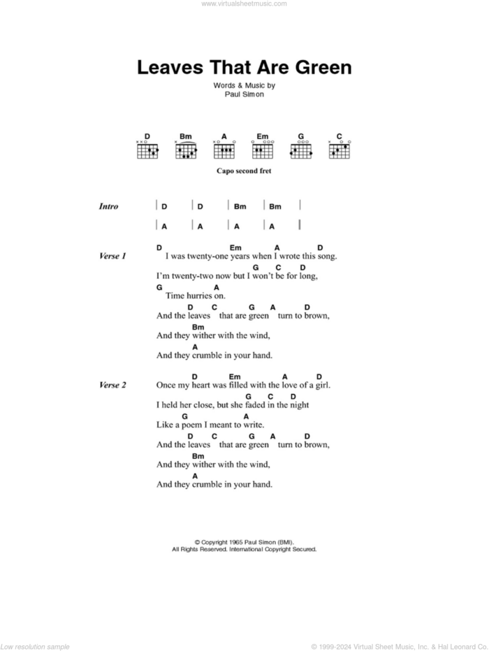 Leaves That Are Green sheet music for guitar (chords) by Simon & Garfunkel and Paul Simon, intermediate skill level