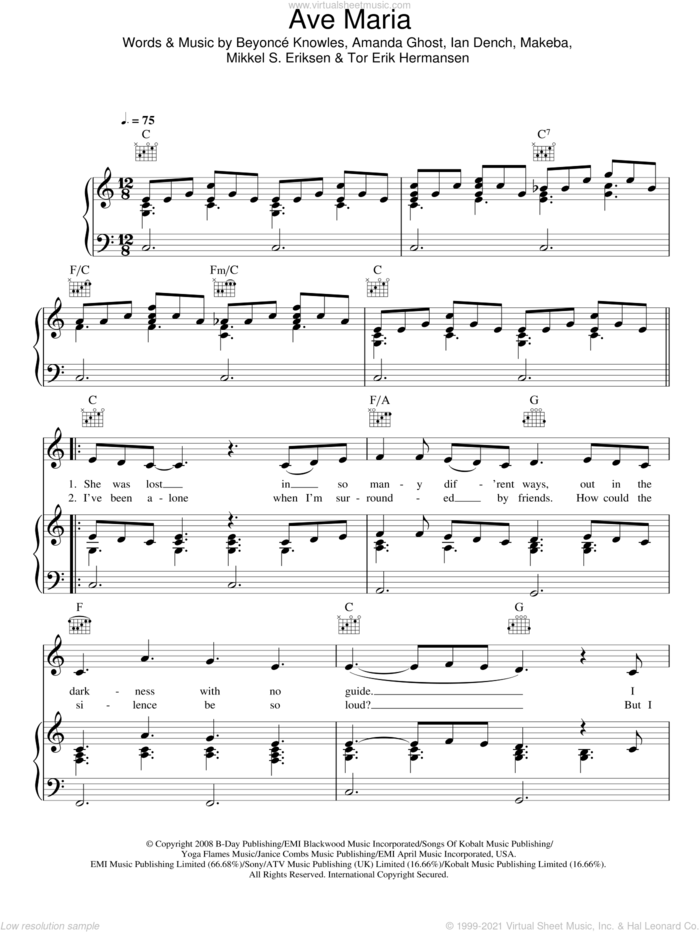 Ave Maria sheet music for voice, piano or guitar by Beyonce, Amanda Ghost, Ian Dench, Makeba, Mikkel S. Eriksen and Tor Erik Hermansen, intermediate skill level