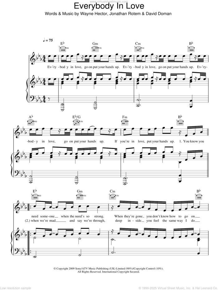 Everybody In Love sheet music for voice, piano or guitar by JLS, David Doman, Jonathan Rotem and Wayne Hector, intermediate skill level