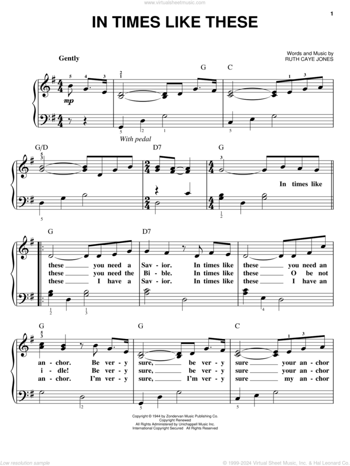 In Times Like These sheet music for piano solo by Ruth Caye Jones, easy skill level
