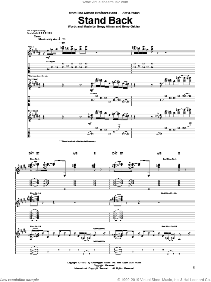 Stand Back sheet music for guitar (tablature) by Allman Brothers Band, The Allman Brothers Band, Berry Oakley and Gregg Allman, intermediate skill level