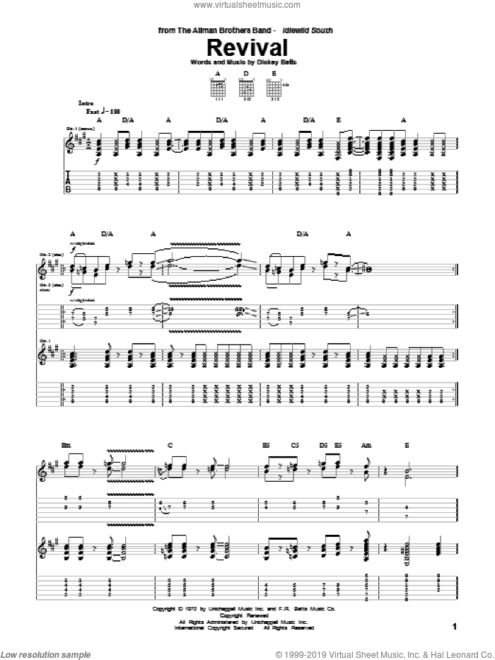 Revival sheet music for guitar (tablature) by Allman Brothers Band, The Allman Brothers Band and Dickey Betts, intermediate skill level