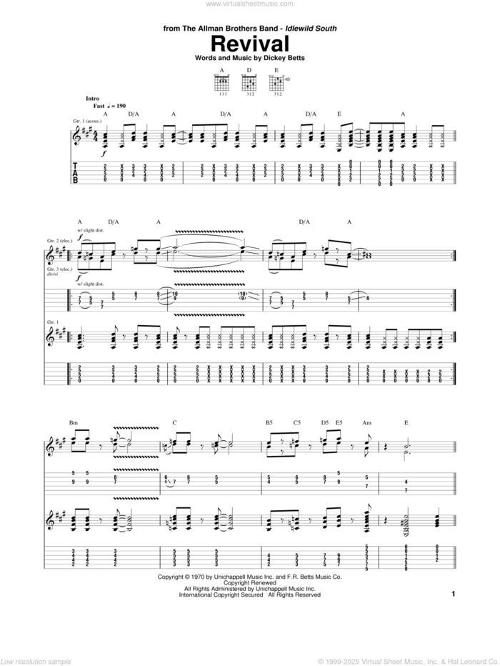 Revival sheet music for guitar (tablature) by Allman Brothers Band, The Allman Brothers Band and Dickey Betts, intermediate skill level