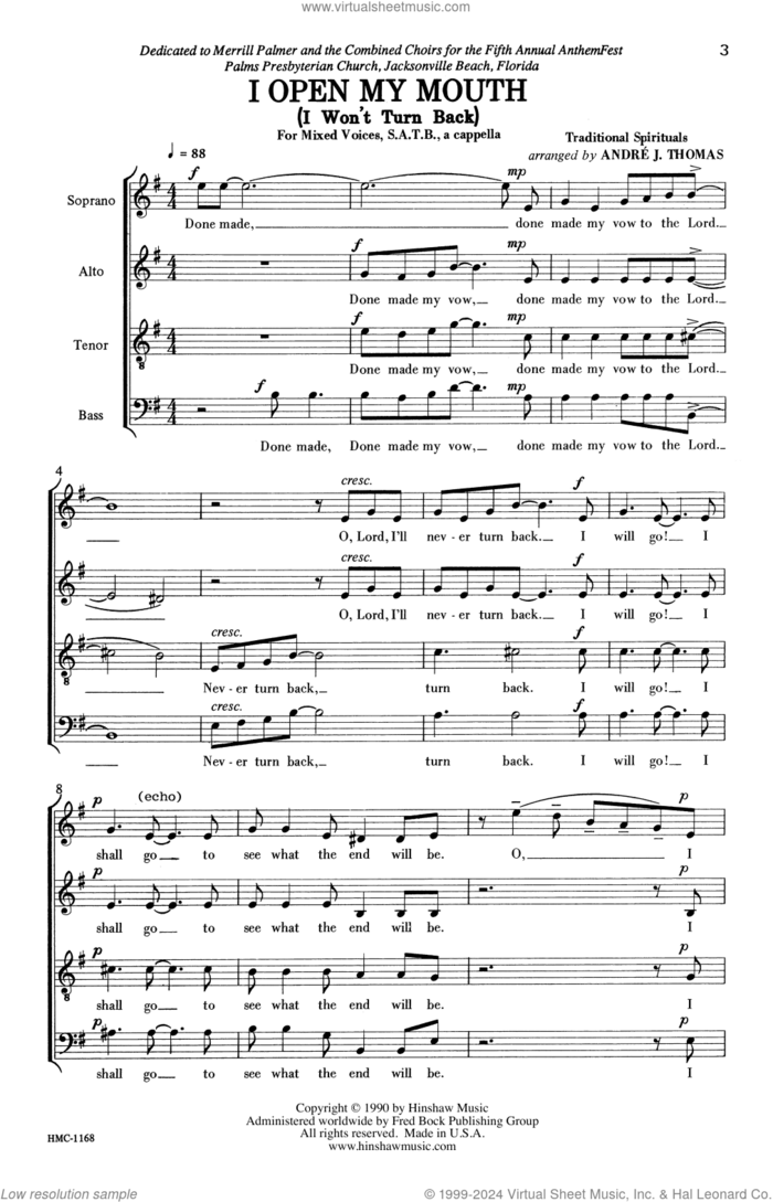 I Open My Mouth (I Won't Turn Back) sheet music for choir (SATB: soprano, alto, tenor, bass) by Andre Thomas, intermediate skill level