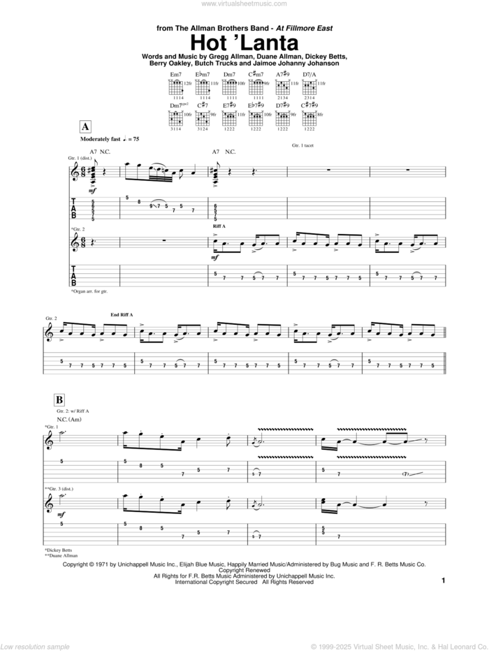 Hot 'Lanta sheet music for guitar (tablature) by The Allman Brothers Band, Allman Brothers Band, Berry Oakley, Butch Trucks, Dickey Betts, Gregg Allman and Jaimoe Johanny Johanson, intermediate skill level