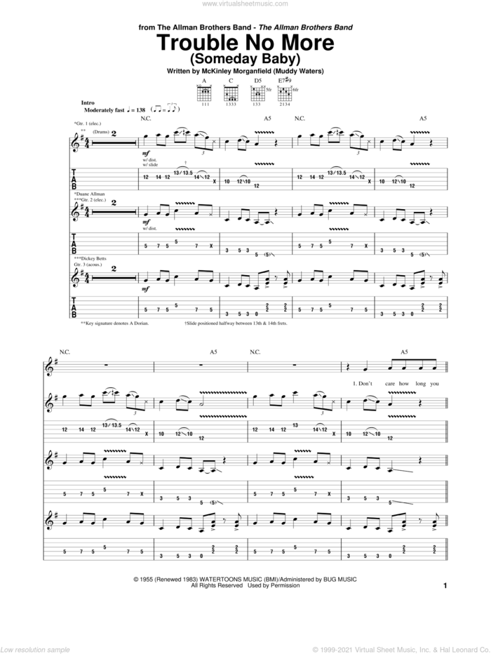 Trouble No More (Someday Baby) sheet music for guitar (tablature) by Allman Brothers Band, The Allman Brothers Band and Muddy Waters, intermediate skill level
