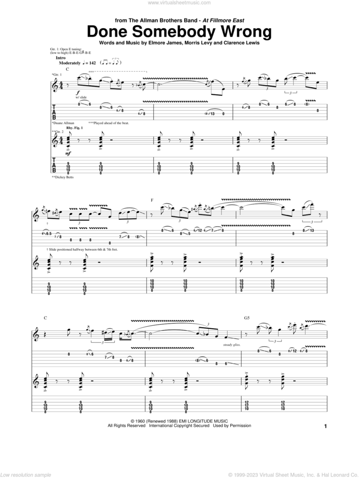 Done Somebody Wrong sheet music for guitar (tablature) by Allman Brothers Band, The Allman Brothers Band, Clarence Lewis, Elmore James and Morris Levy, intermediate skill level