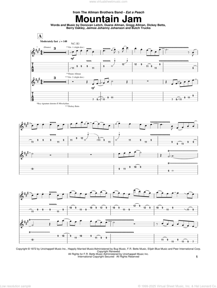 Mountain Jam sheet music for guitar (tablature) by The Allman Brothers Band, Allman Brothers Band, Berry Oakley, Butch Trucks, Dickey Betts, Donovan Leitch, Duane Allman, Gregg Allman and Jaimoe Johanny Johanson, intermediate skill level