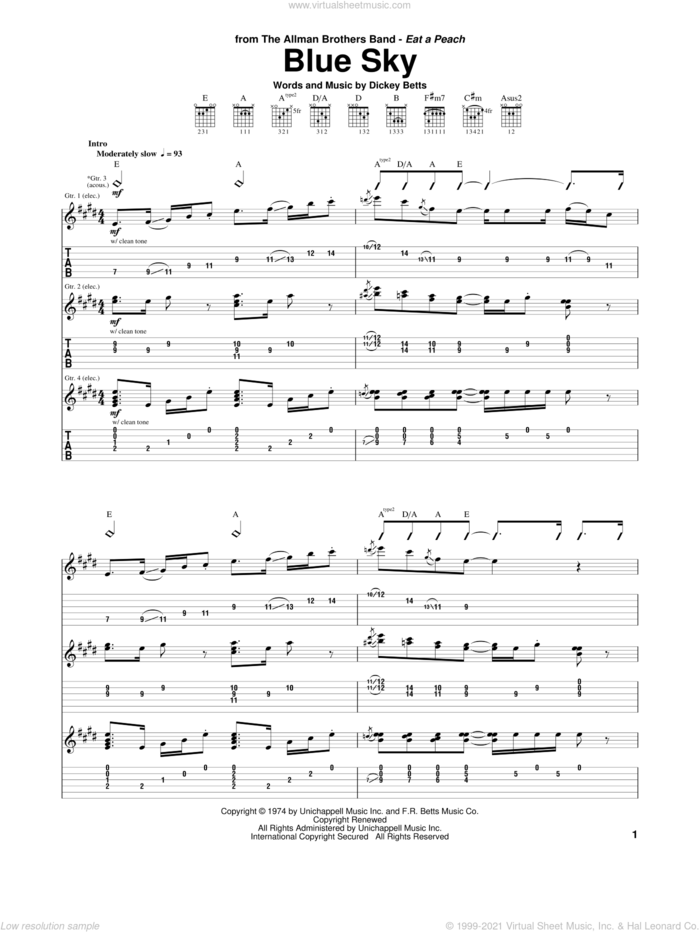 Blue Sky sheet music for guitar (tablature) by Allman Brothers Band, The Allman Brothers Band and Dickey Betts, intermediate skill level