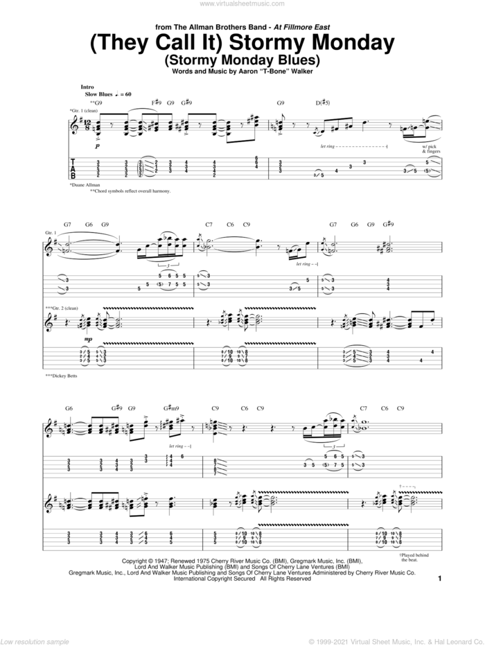 (They Call It) Stormy Monday (Stormy Monday Blues) sheet music for guitar (tablature) by Allman Brothers Band, The Allman Brothers Band and Aaron 'T-Bone' Walker, intermediate skill level