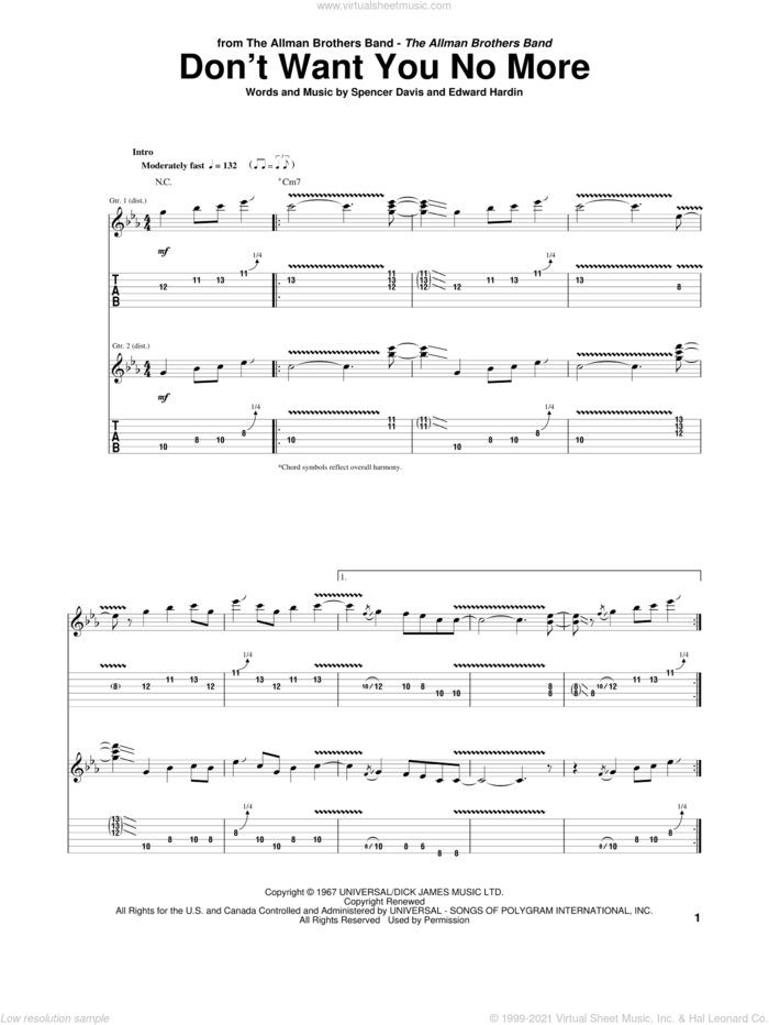 Don't Want You No More sheet music for guitar (tablature) by Allman Brothers Band, The Allman Brothers Band, Edward Hardin and Spencer Davis, intermediate skill level