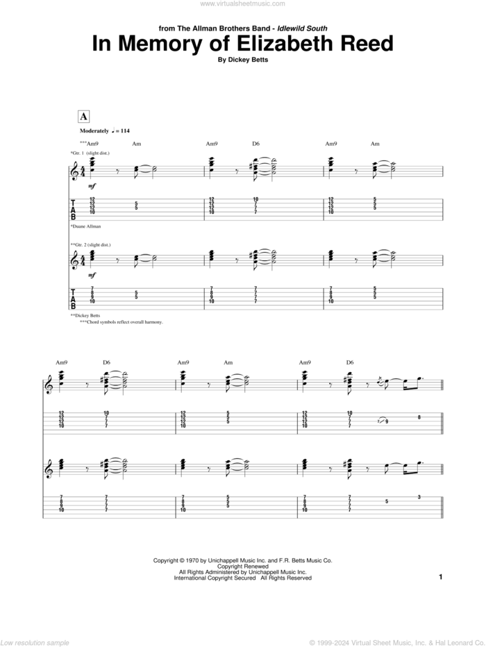In Memory Of Elizabeth Reed sheet music for guitar (tablature) by Allman Brothers Band, The Allman Brothers Band and Dickey Betts, intermediate skill level