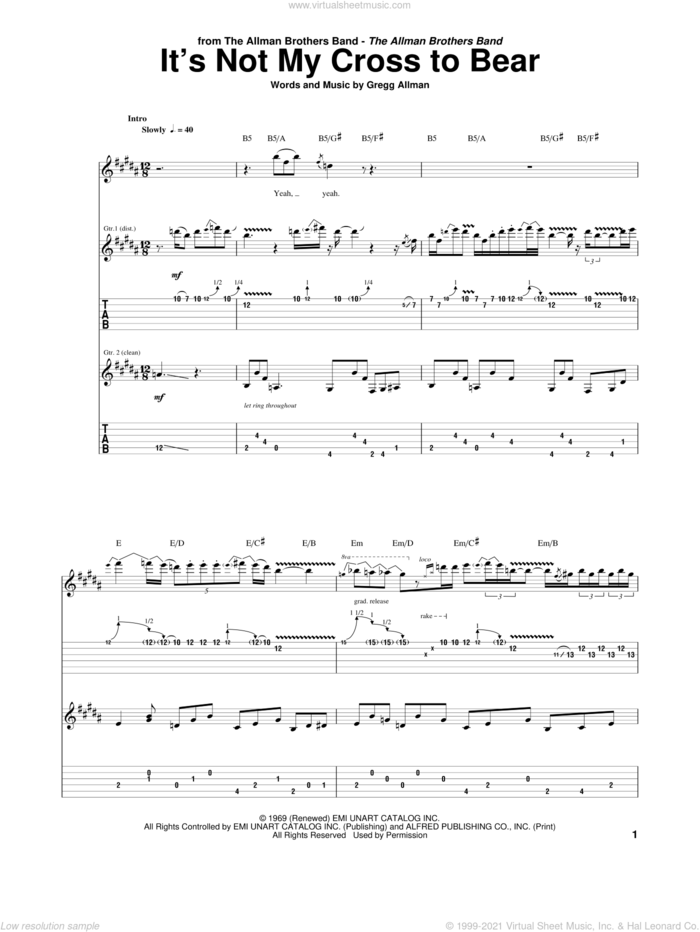It's Not My Cross To Bear sheet music for guitar (tablature) by Allman Brothers Band, The Allman Brothers Band and Gregg Allman, intermediate skill level