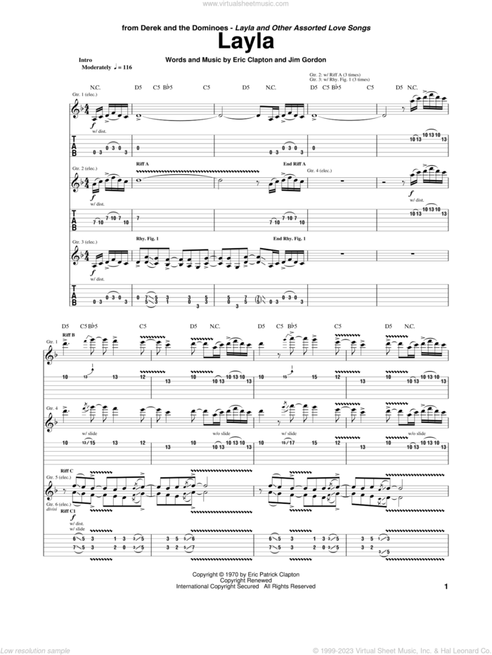 Layla sheet music for guitar (tablature) by Eric Clapton, Derek And The Dominos, Duane Allman and Jim Gordon, intermediate skill level