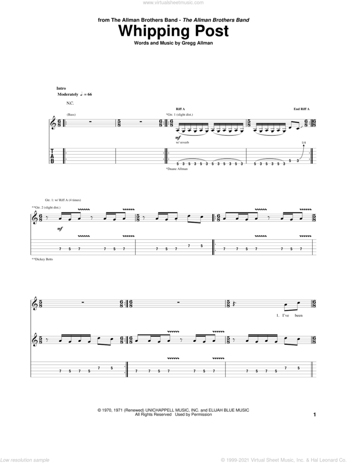 Whipping Post sheet music for guitar (tablature) by Allman Brothers Band, The Allman Brothers Band and Gregg Allman, intermediate skill level