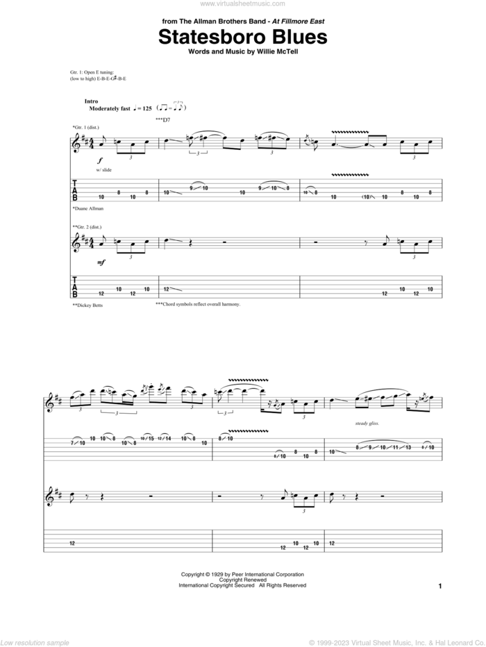 Statesboro Blues sheet music for guitar (tablature) by The Allman Brothers Band, Allman Brothers Band and Willie McTell, intermediate skill level