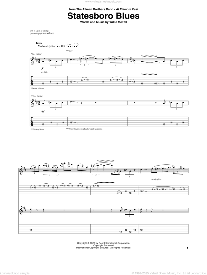 Statesboro Blues sheet music for guitar (tablature) by The Allman Brothers Band, Allman Brothers Band and Willie McTell, intermediate skill level