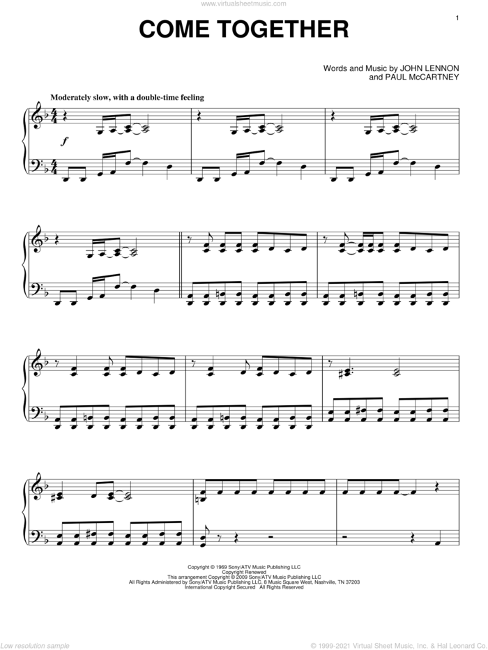 Come Together, (intermediate) sheet music for piano solo by The Beatles, John Lennon and Paul McCartney, intermediate skill level