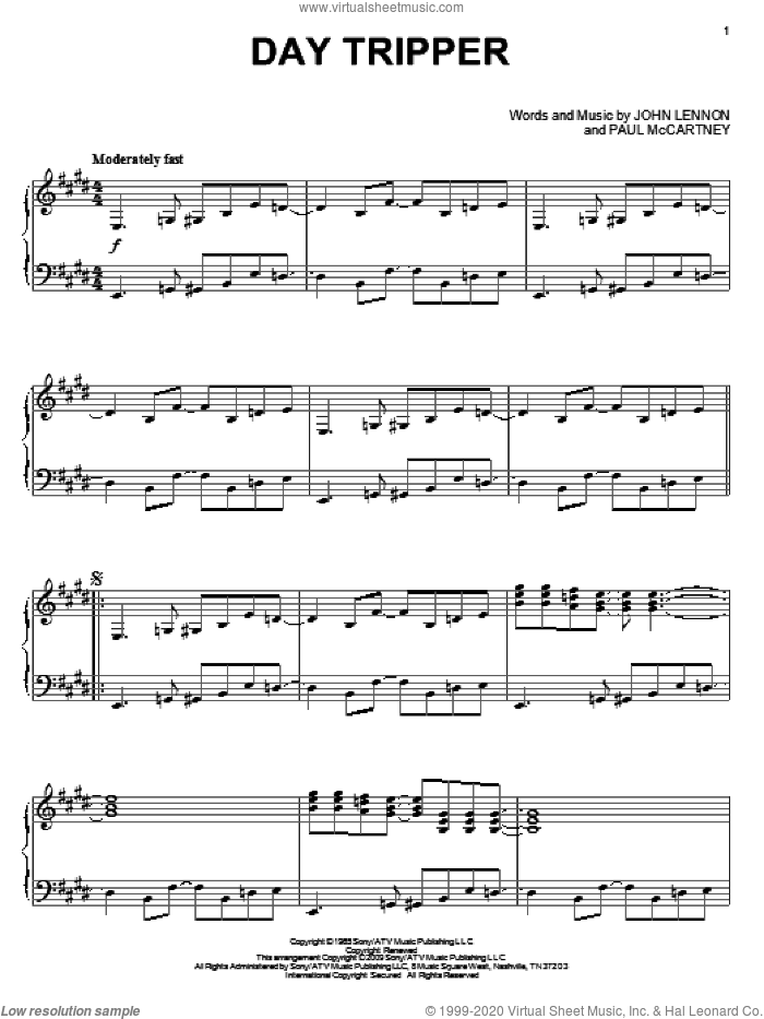 Day Tripper, (intermediate) sheet music for piano solo by The Beatles, John Lennon and Paul McCartney, intermediate skill level
