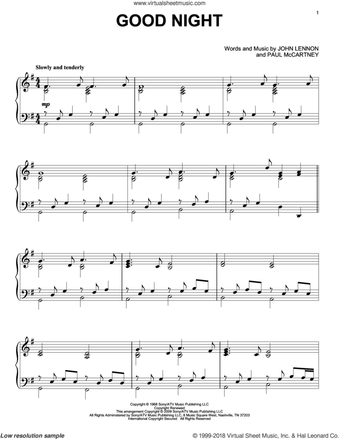 Good Night, (intermediate) sheet music for piano solo by The Beatles, John Lennon and Paul McCartney, intermediate skill level