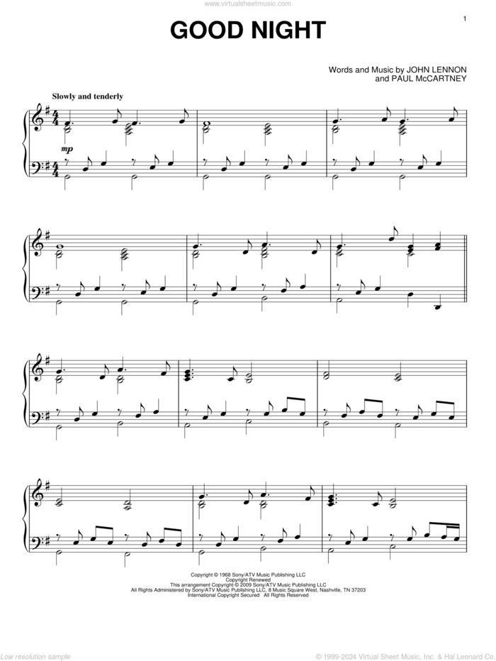 Good Night, (intermediate) sheet music for piano solo by The Beatles, John Lennon and Paul McCartney, intermediate skill level