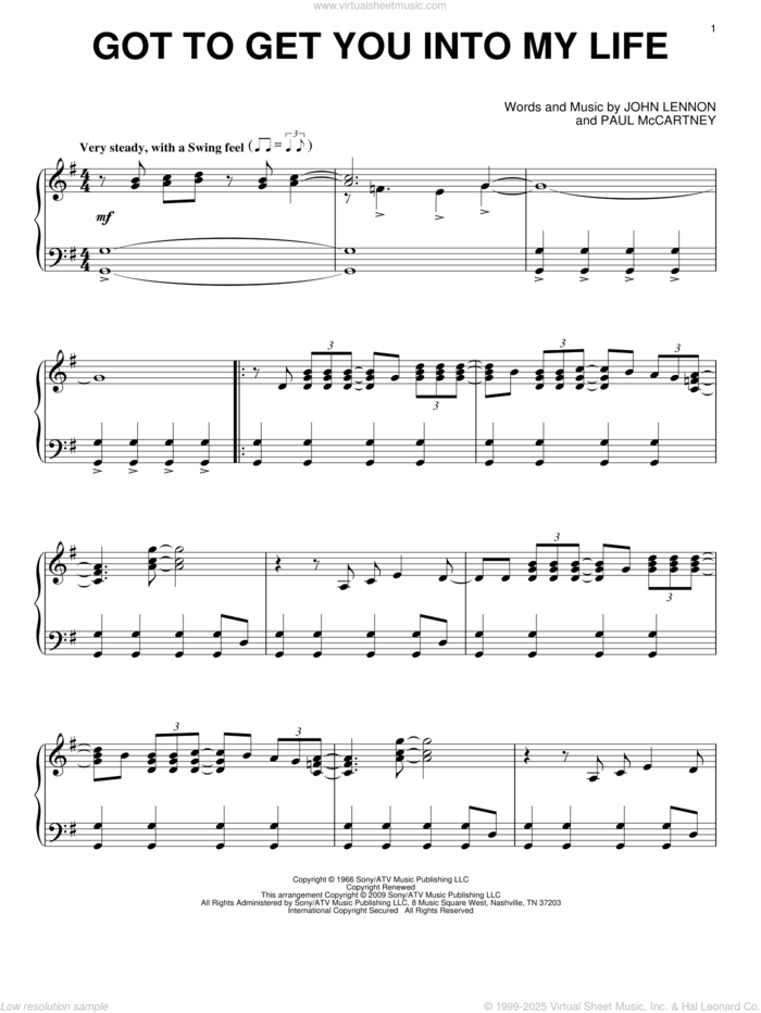 Got To Get You Into My Life, (intermediate) sheet music for piano solo by The Beatles, John Lennon and Paul McCartney, intermediate skill level