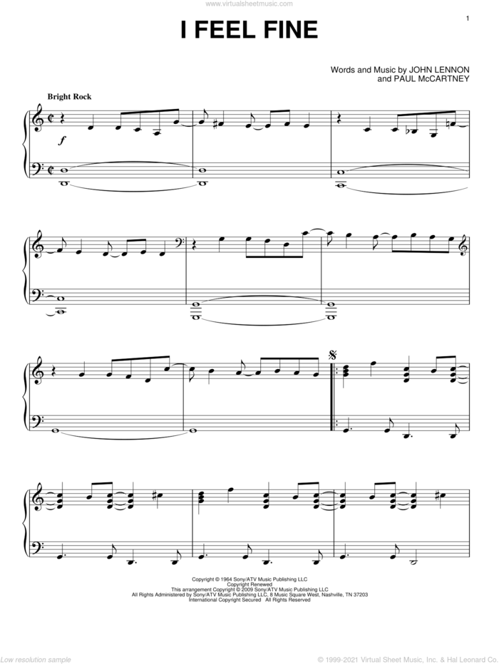 I Feel Fine, (intermediate) sheet music for piano solo by The Beatles, John Lennon and Paul McCartney, intermediate skill level