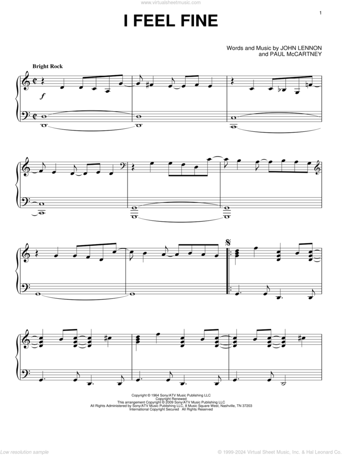 I Feel Fine, (intermediate) sheet music for piano solo by The Beatles, John Lennon and Paul McCartney, intermediate skill level