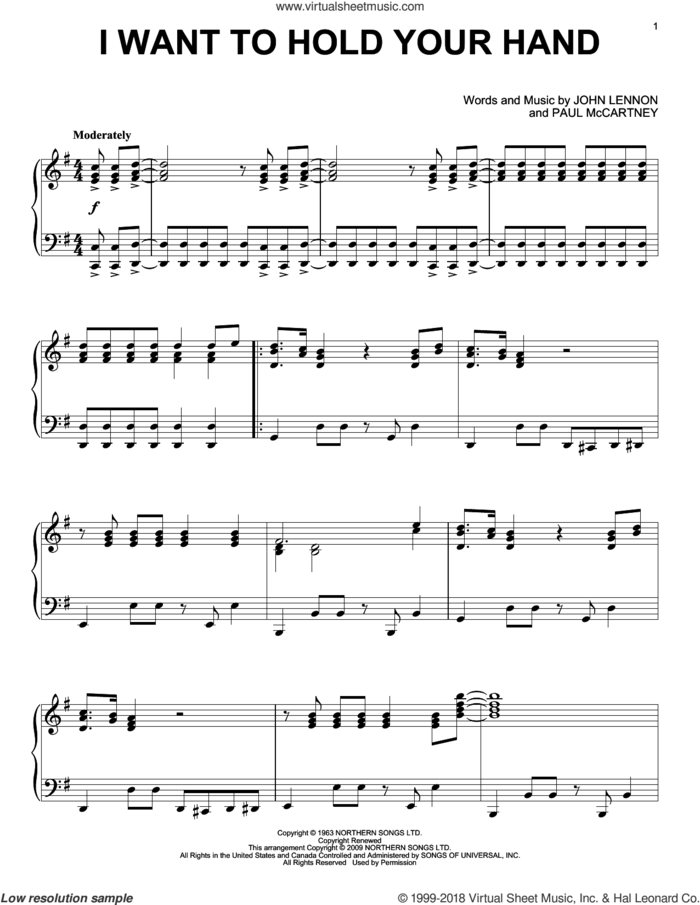 I Want To Hold Your Hand, (intermediate) sheet music for piano solo by The Beatles, John Lennon and Paul McCartney, intermediate skill level