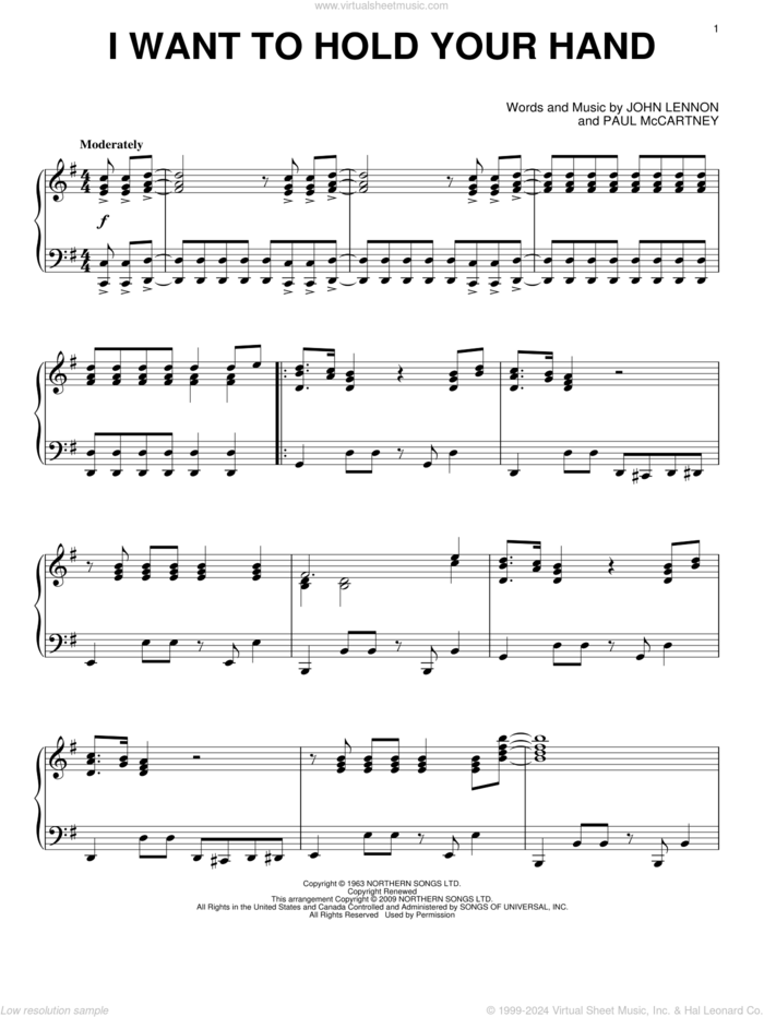 I Want To Hold Your Hand, (intermediate) sheet music for piano solo by The Beatles, John Lennon and Paul McCartney, intermediate skill level