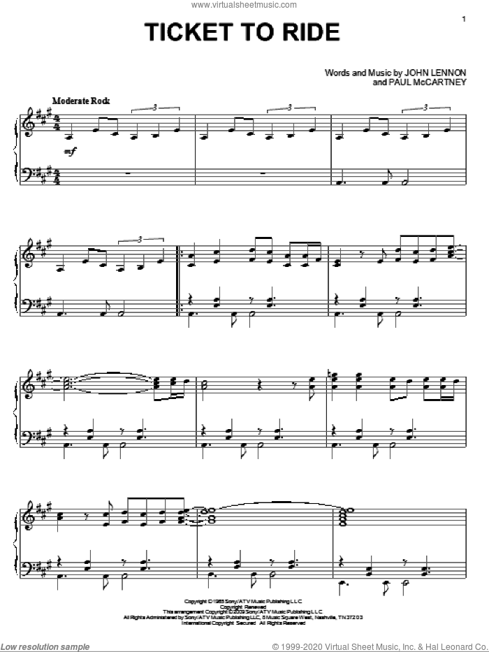 Ticket To Ride sheet music for piano solo by The Beatles, John Lennon and Paul McCartney, intermediate skill level
