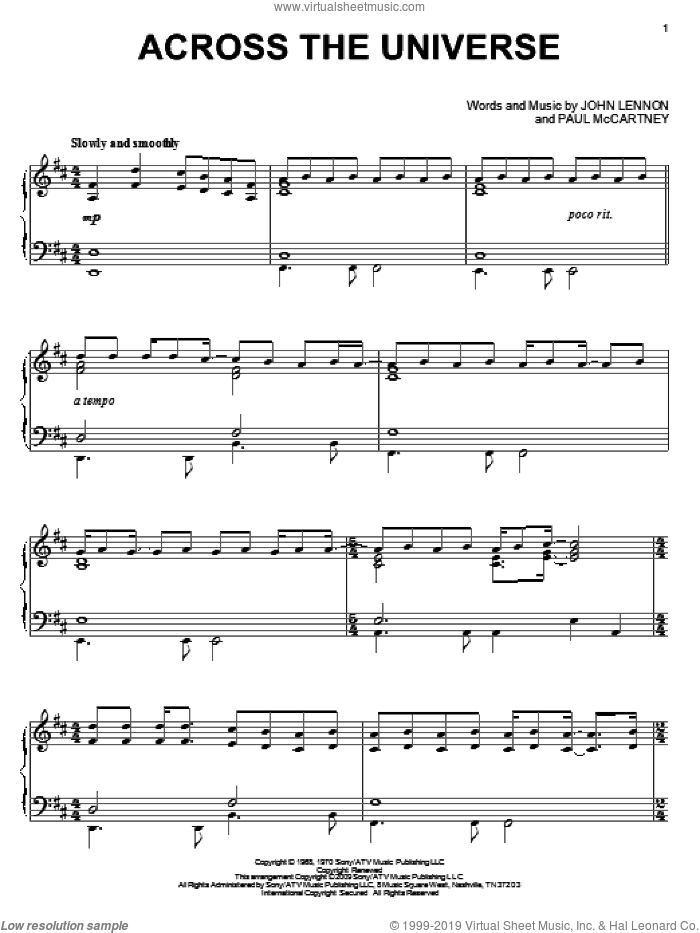 Across The Universe, (intermediate) sheet music for piano solo by The Beatles, John Lennon and Paul McCartney, intermediate skill level