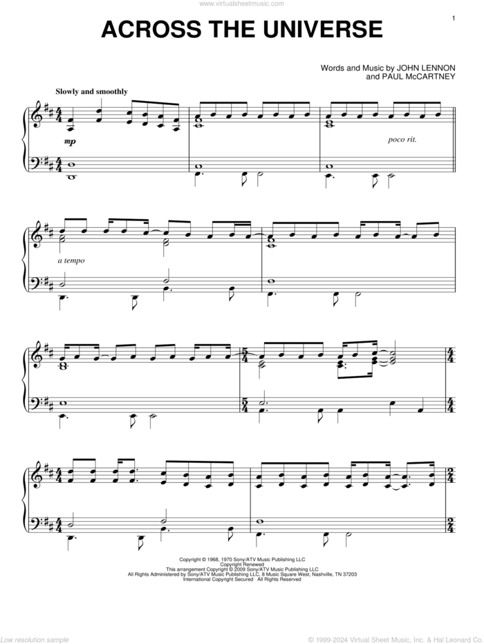 Across The Universe, (intermediate) sheet music for piano solo by The Beatles, John Lennon and Paul McCartney, intermediate skill level