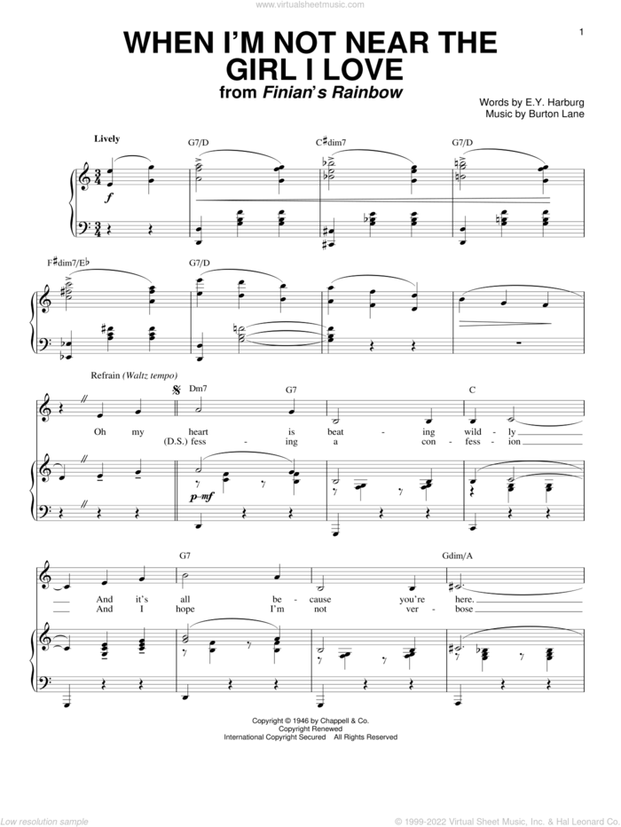 When I'm Not Near The Girl I Love sheet music for voice and piano by Percy Faith, Frank Sinatra, Burton Lane and E.Y. Harburg, intermediate skill level